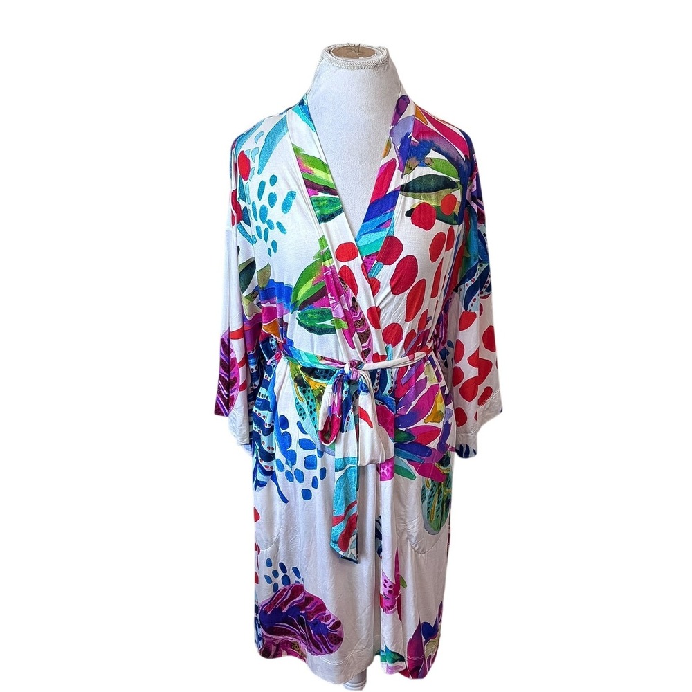 Soma Womens Cool Night Robe L/XL Floral Botanical Lounge Wrap Belt Jersey Knit